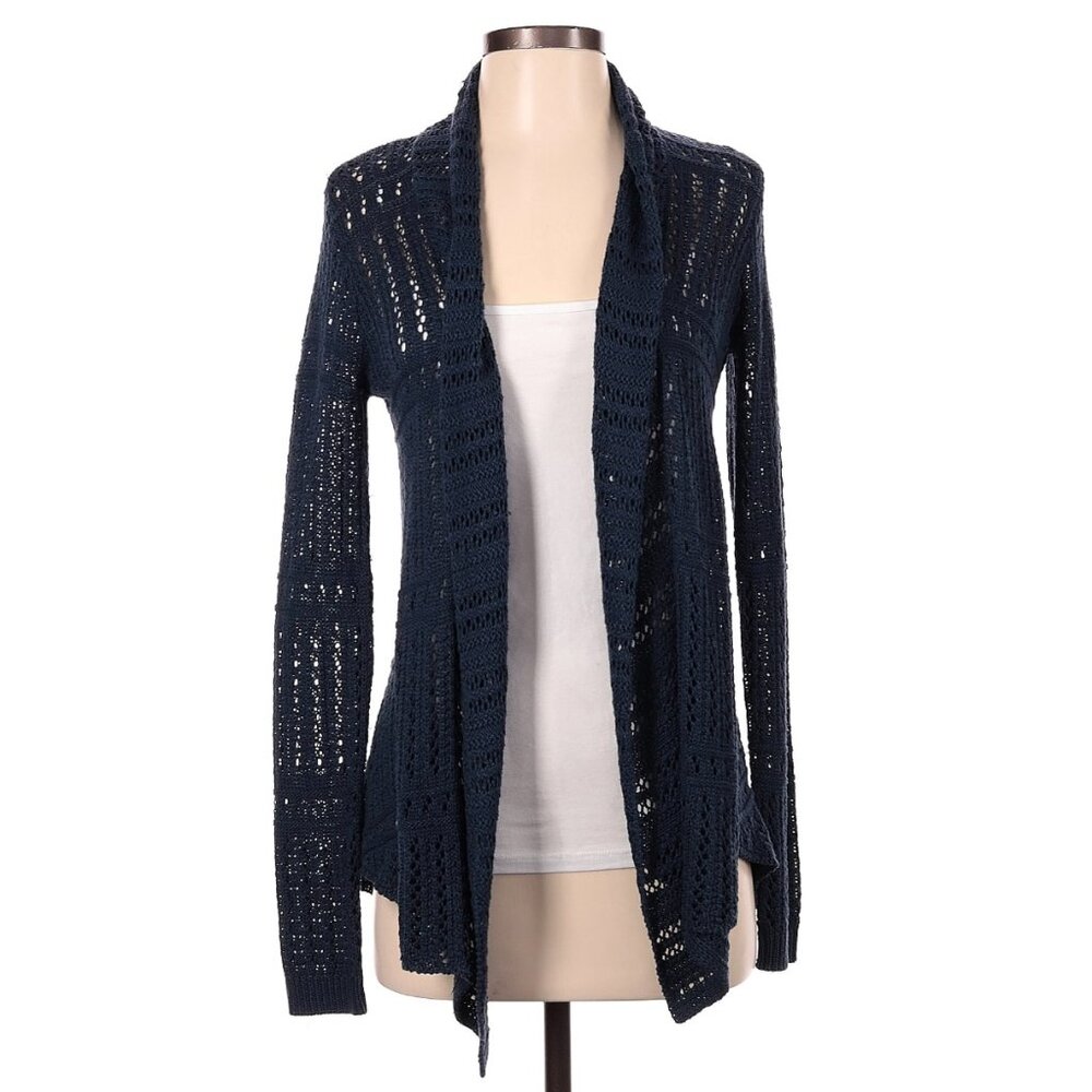 Mystree Pointelle Open Stitch Long Sleeve Open Front Cardigan Sweater Blue XS - Picture 2 of 10